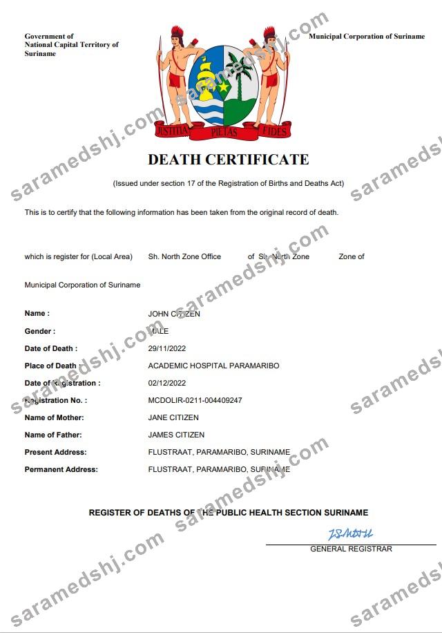 Suriname death certificate Word and PDF template